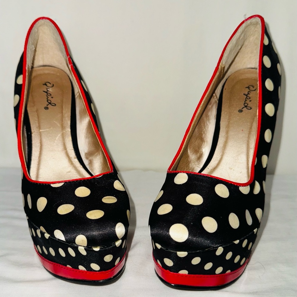 Qupid Black and Red Polka Dot Heels